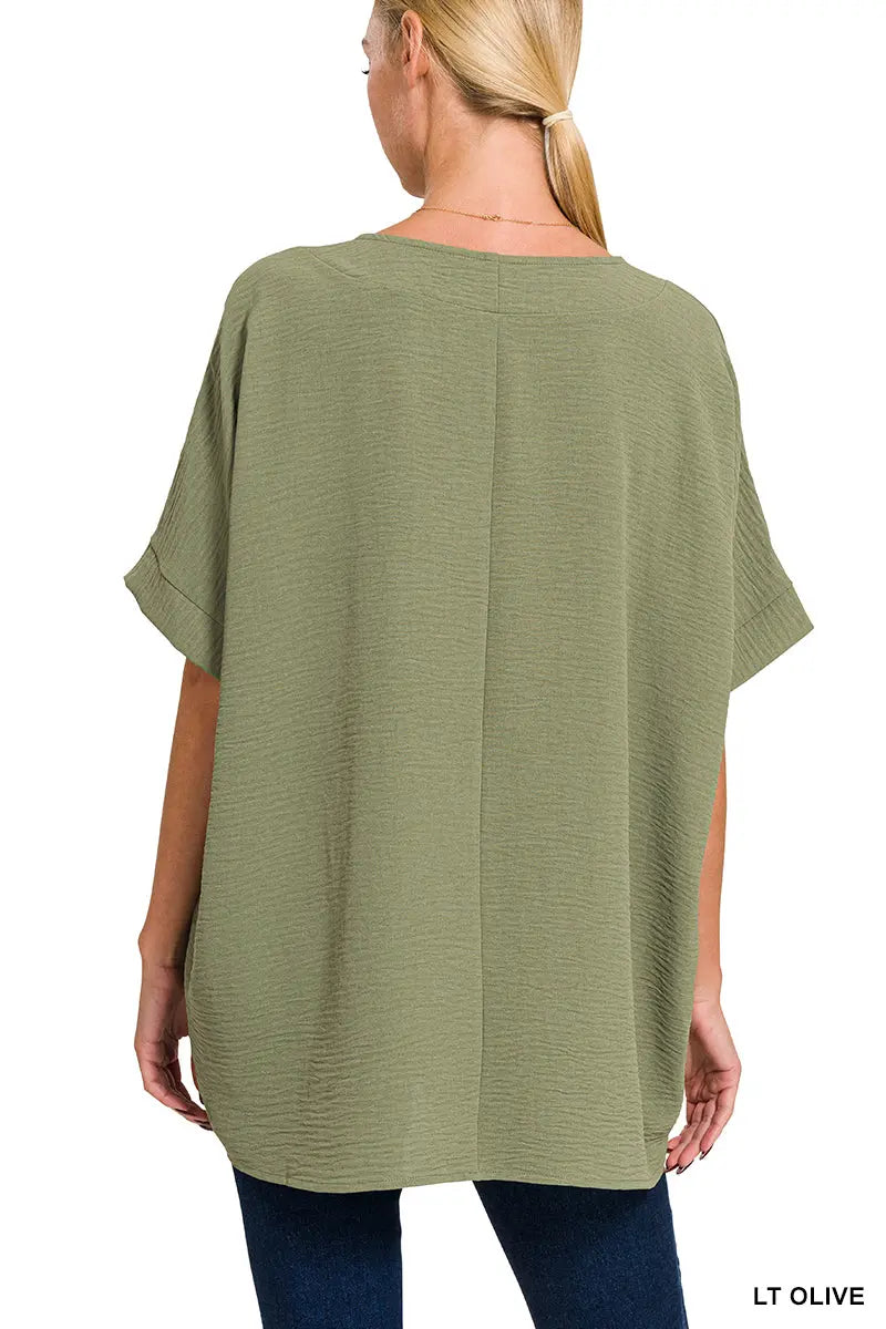 Woven Airflow V-Neck Dolman Short Sleeve Top