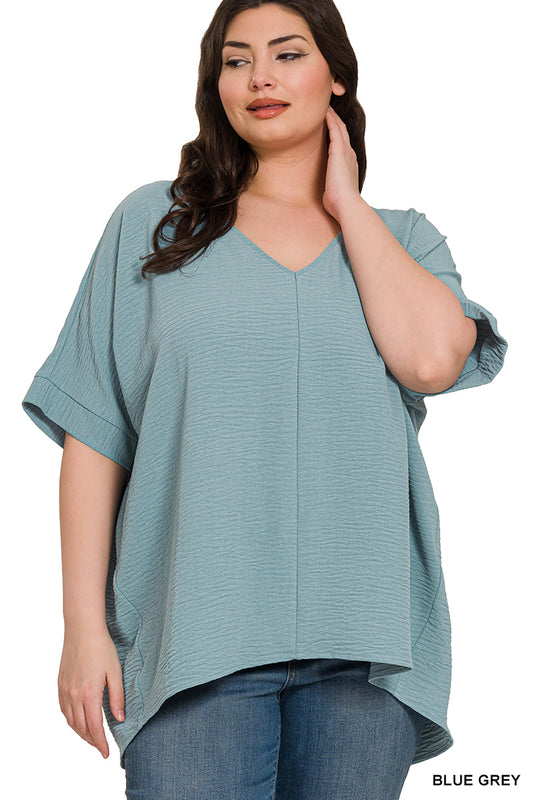 Woven Airflow V-Neck Dolman Short Sleeve Top- Plus Size