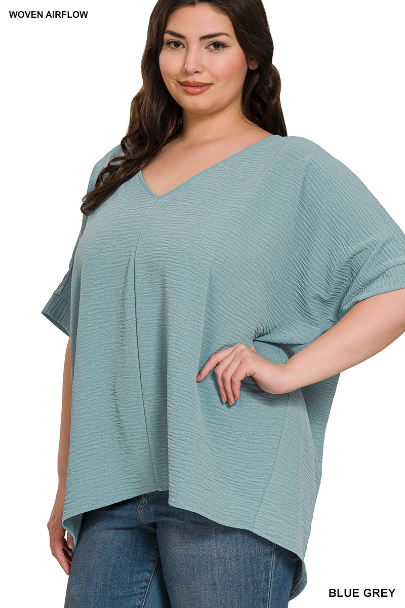 Woven Airflow V-Neck Dolman Short Sleeve Top- Plus Size