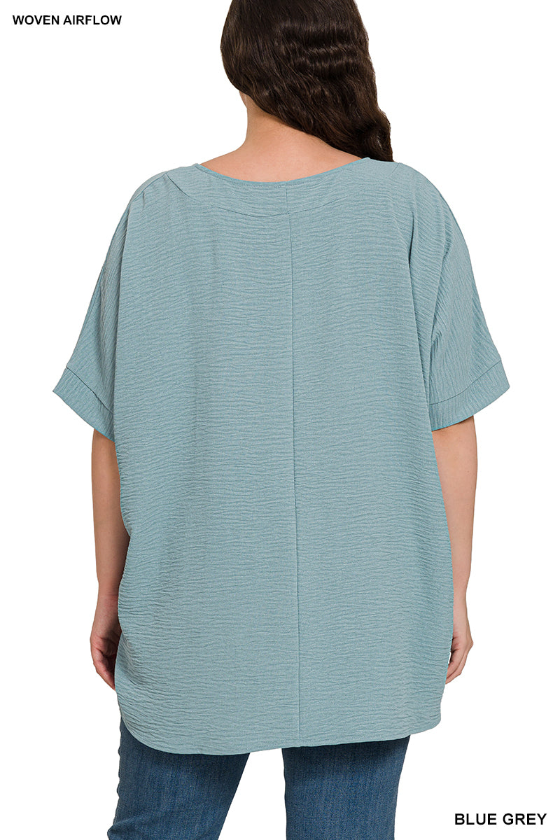 Woven Airflow V-Neck Dolman Short Sleeve Top- Plus Size