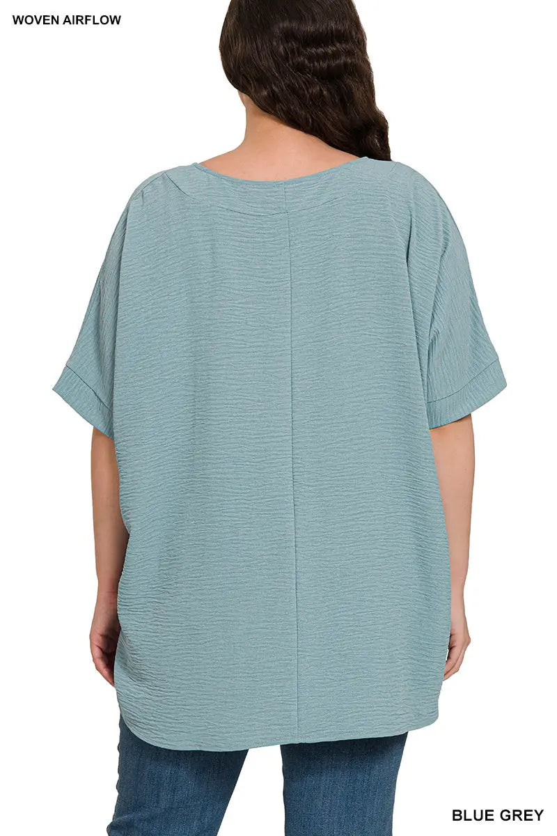 Zenana Women's Woven Airflow V-Neck Dolman Plus Size Short Sleeve Top - Blue Grey Zenana
