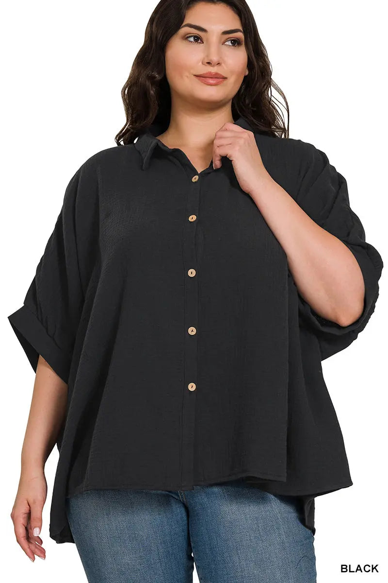 Zenana Women's Double Gauze 3/4 Sleeve Button Up Plus Shirt - Black Zenana