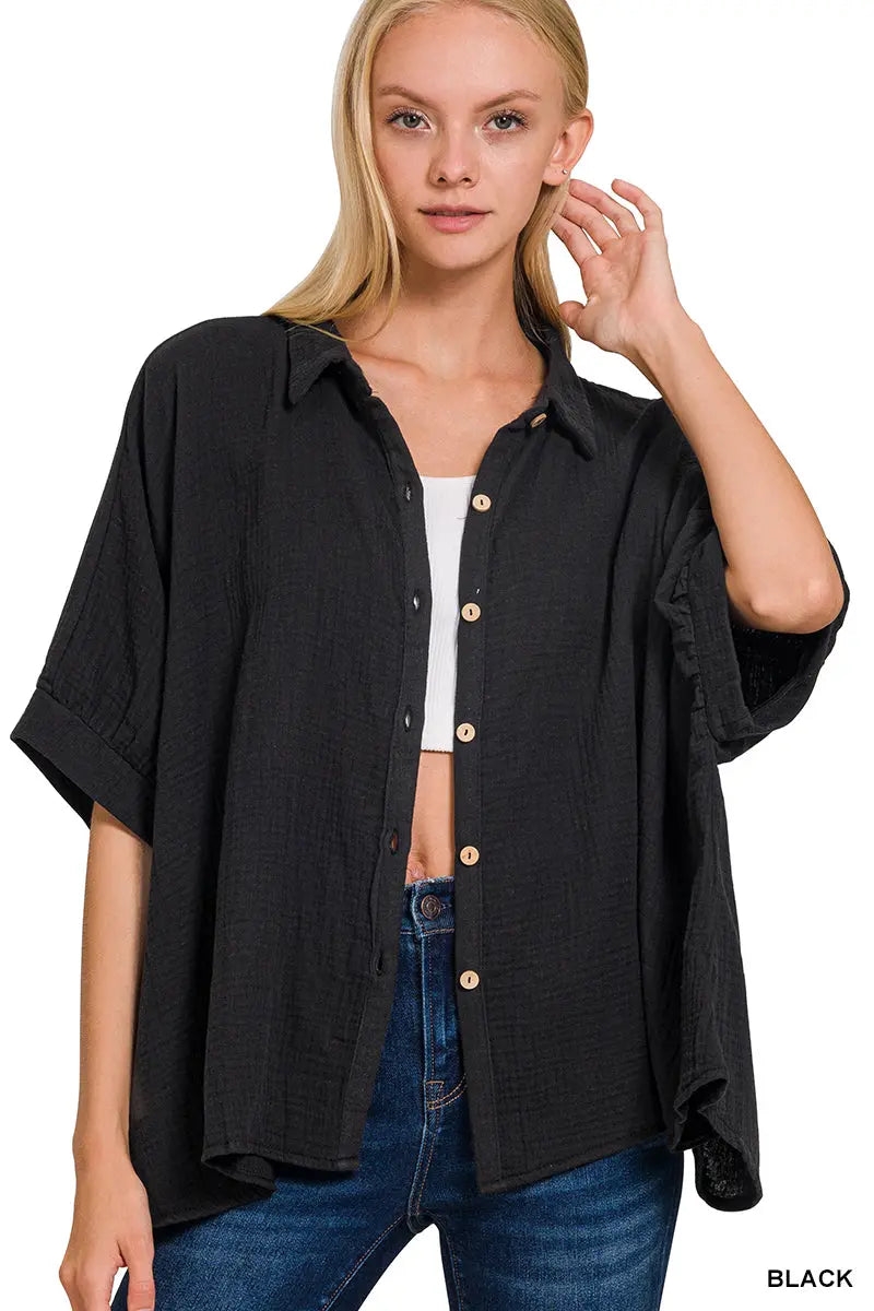 Zenana Women's Double Gauze 3/4 Sleeve Button Up Shirt - Black Zenana