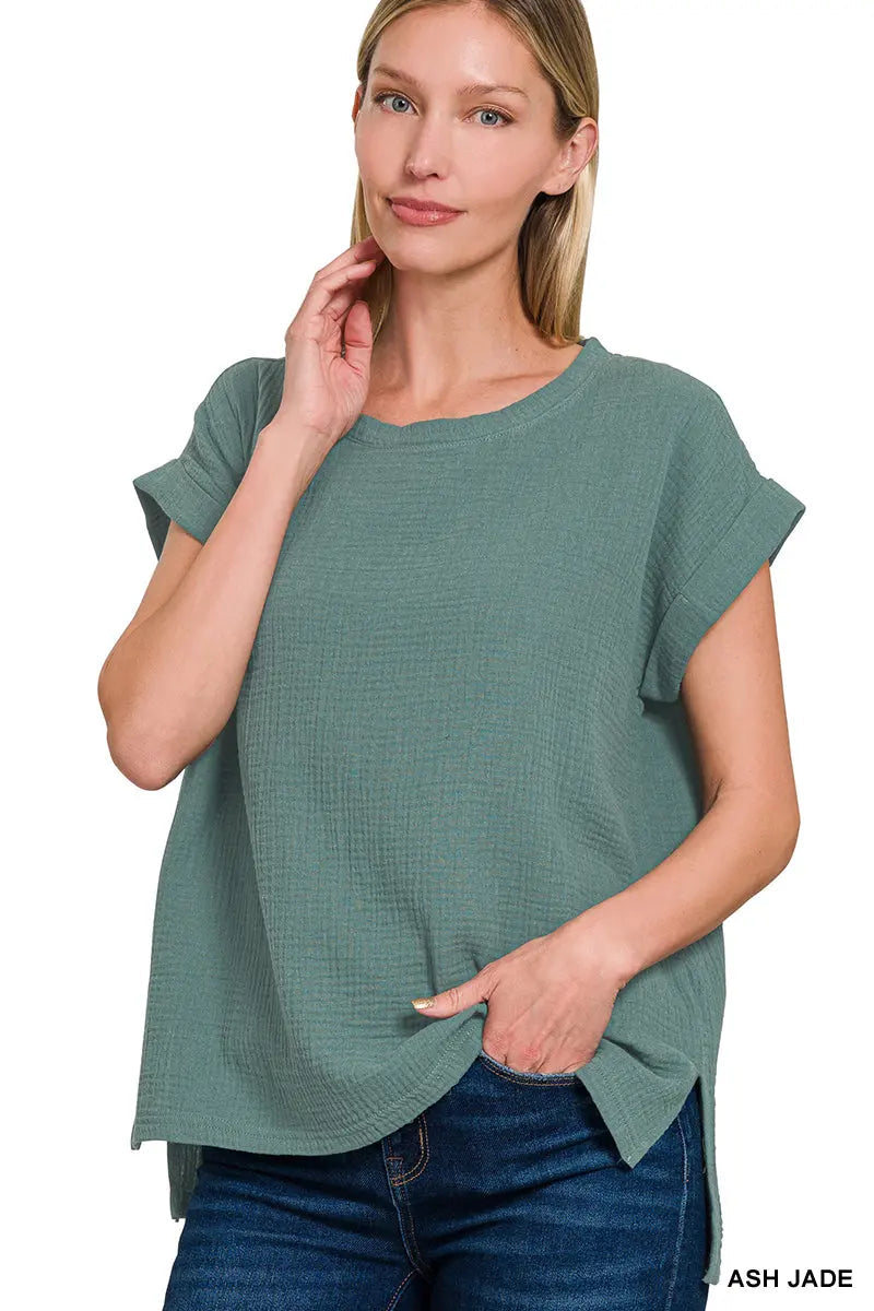 Zenana Women's Double Gauze Round Neck Folded Sleeve Top - Ash Jade - Medium Zenana