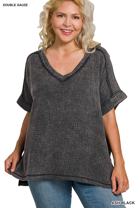 Acid Washed Double Gauze V-Neck Cuffed Short Sleeve Top - Plus Size