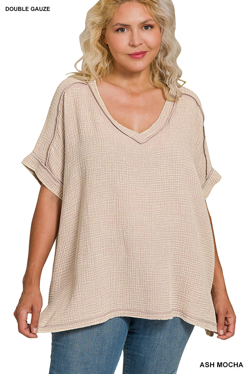 Acid Washed Double Gauze V-Neck Cuffed Short Sleeve Top - Plus Size