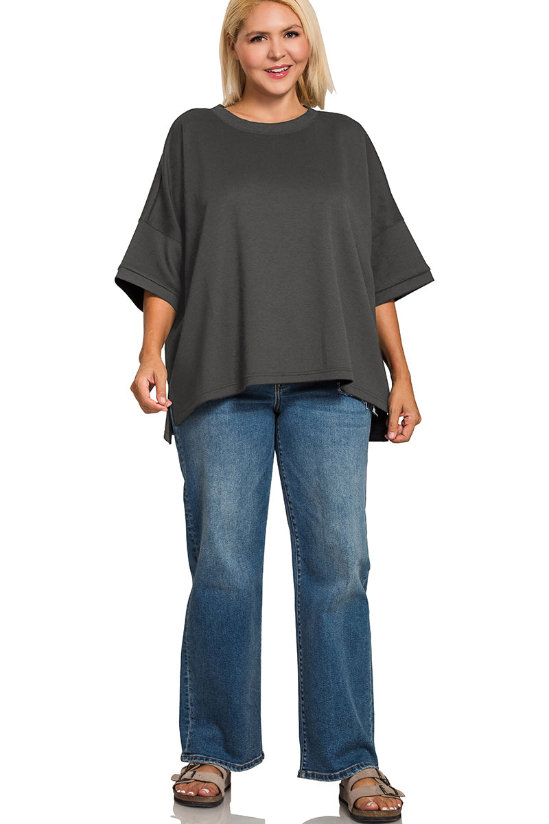 Zenana Women's Plus Scuba Round Neck Top with Side Slits - Black
