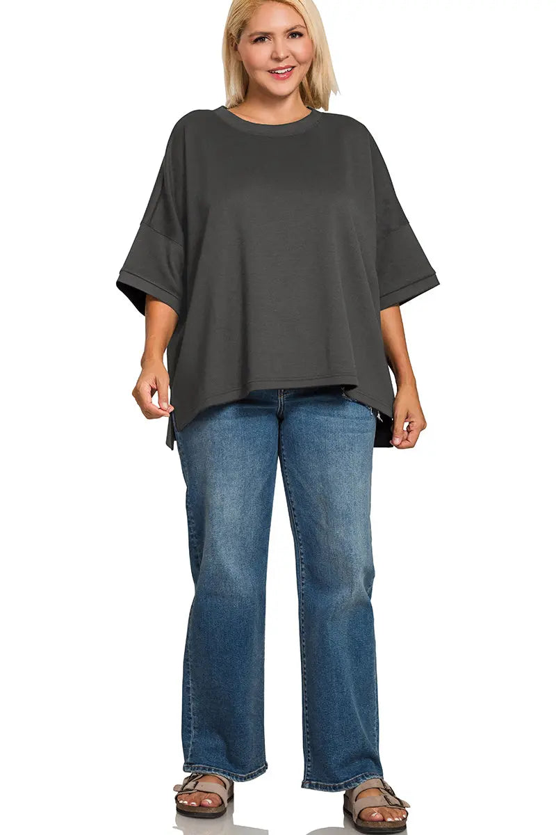 Zenana Women's Plus Scuba Round Neck Top with Side Slits - Black Zenana