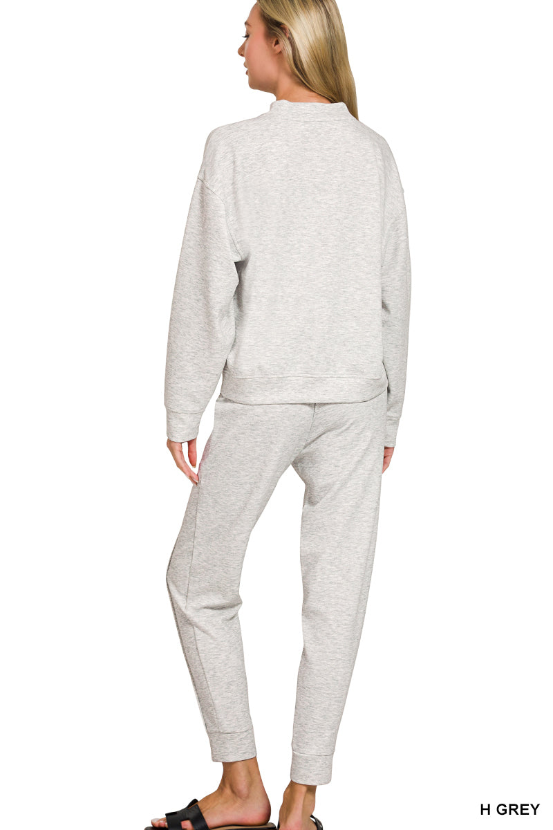 Zenana Women's Scuba Mock Neck Pullover & Joggers Set - Heather Grey
