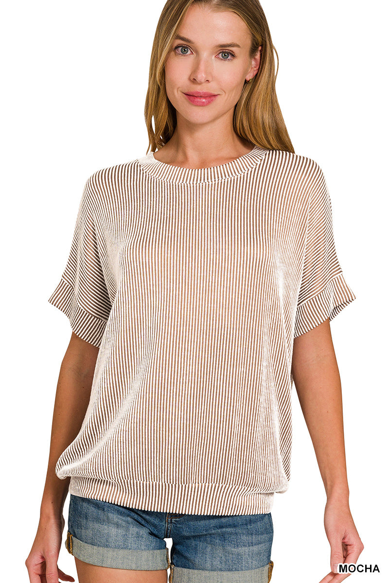 Zenana Women's Corded Rib Short Sleeve Top -Mocha