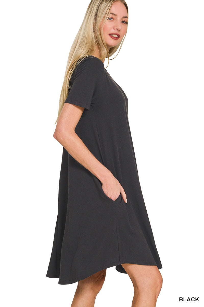 Zenana Women's Short Sleeve Round Hem A-line w/ Side Pockets Dress - Black