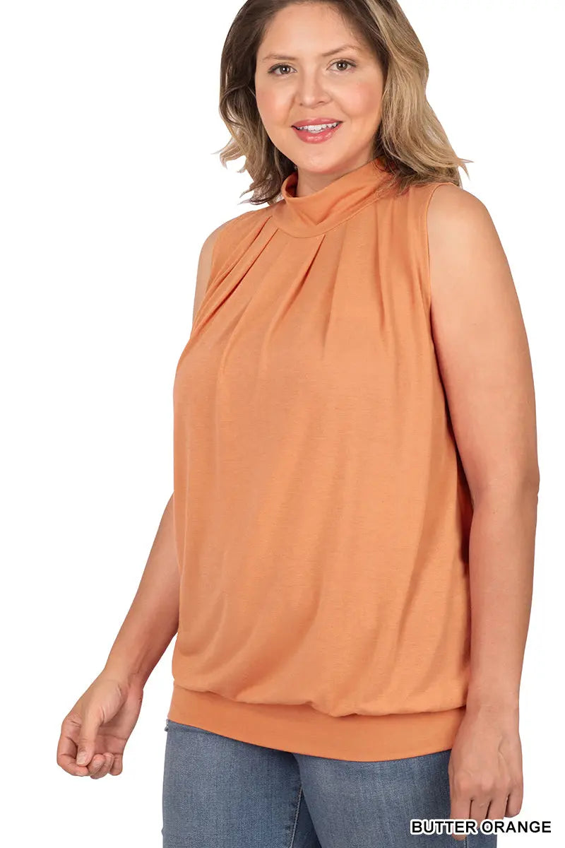 Zenana Women's High-neck Pleated Plus Size Top with Waistband - Butter Orange Zenana