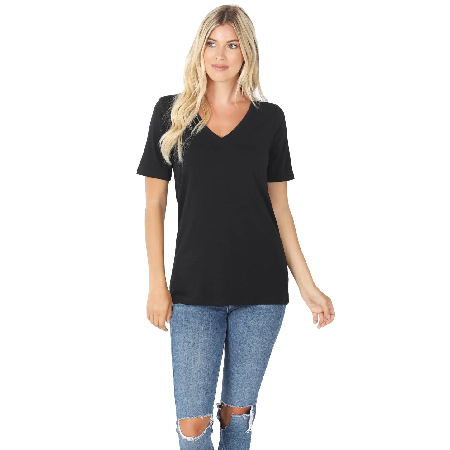 Zenana Women's Short Sleeve V-Neck Tee - Black Zenana