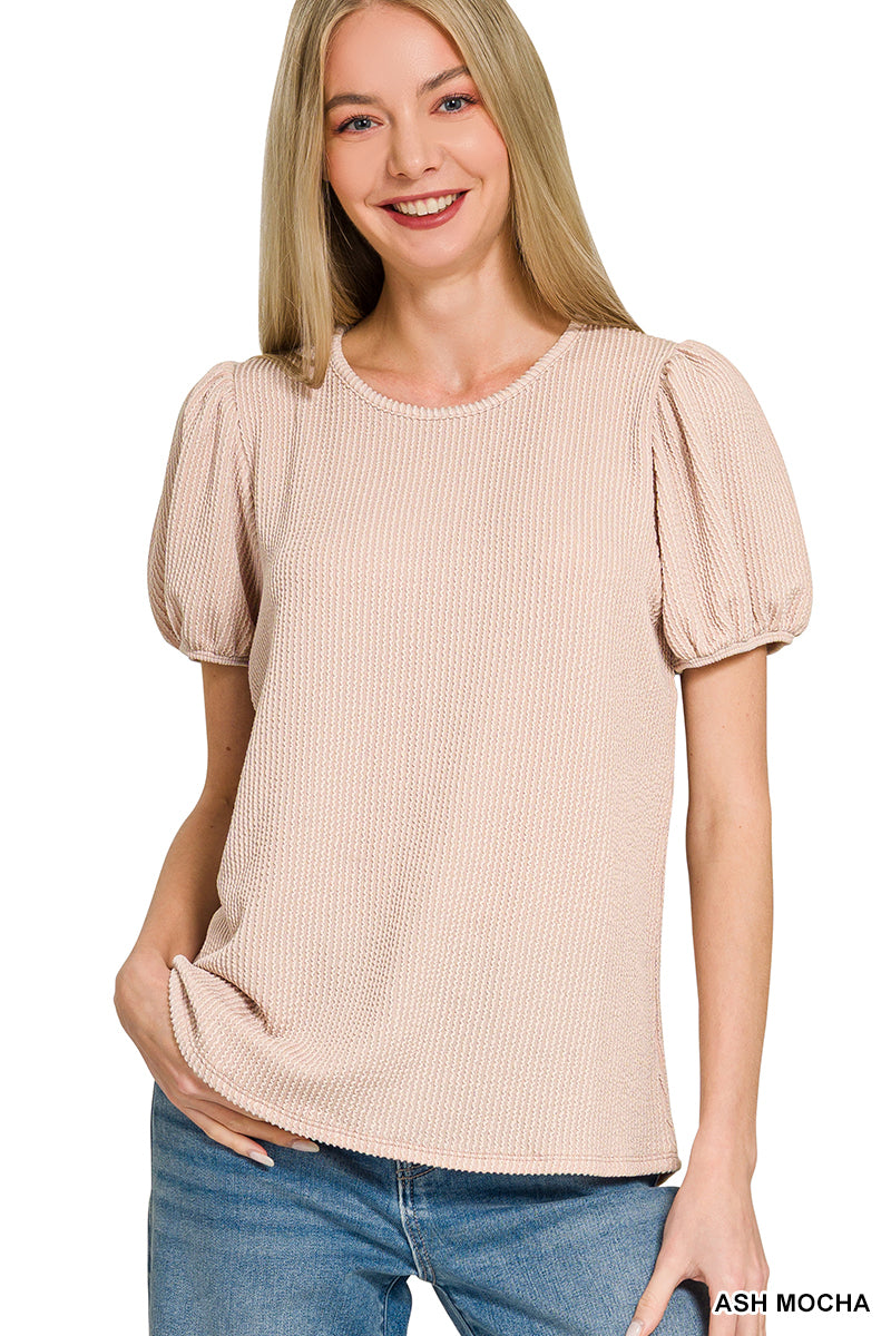 Zenana Women's Ribbed Puff Sleeve Top - Ash Mocha