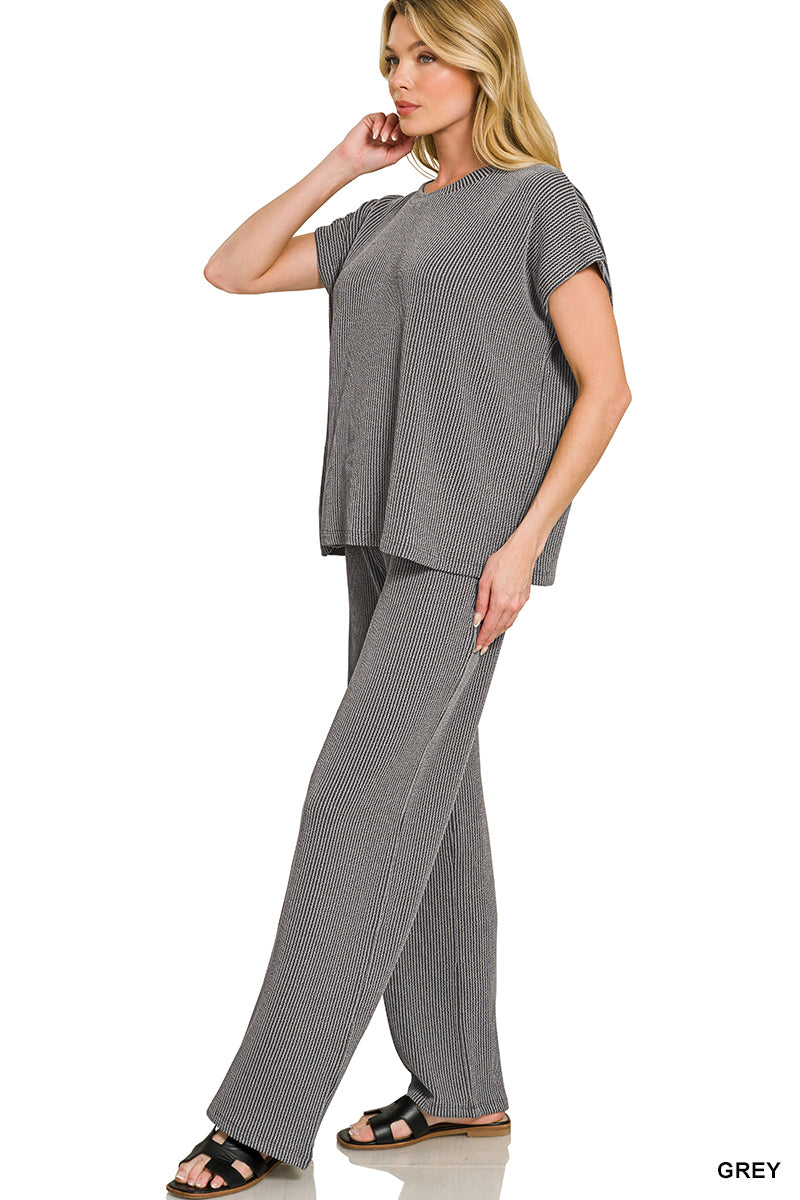Zenana Women's Raised Rib Relaxed Top & Pants Set - Grey