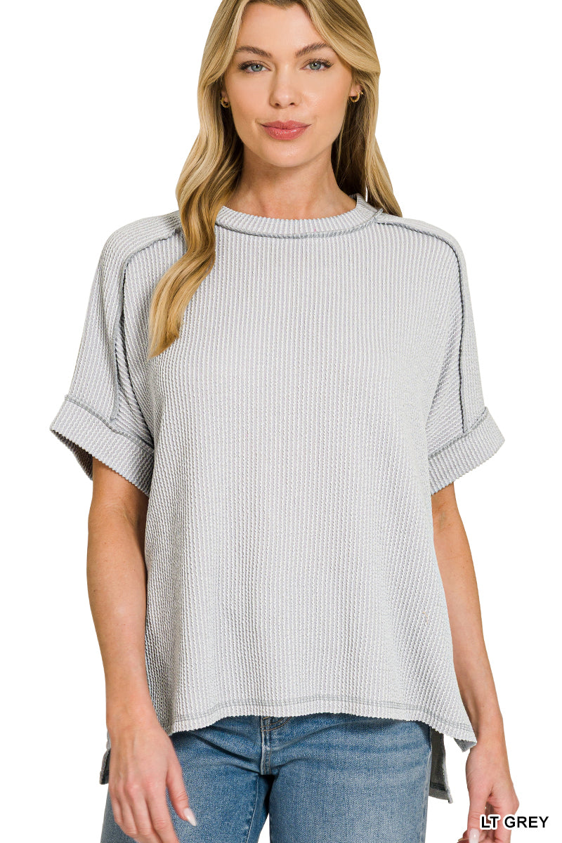 Zenana Women's Raised Rib Cuff Sleeve Raw Edge Top - Light Gray