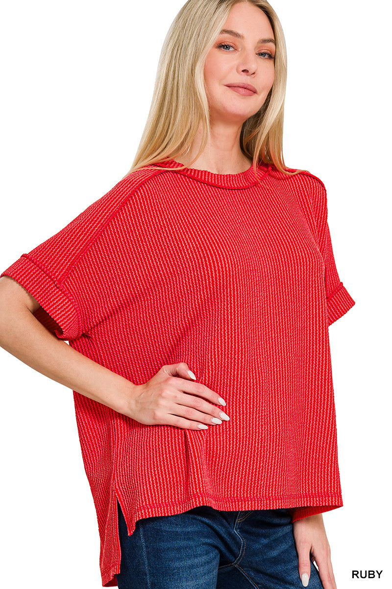 Zenana Women's Raised Rib Cuff Sleeve Raw Edge Top - Ruby Red