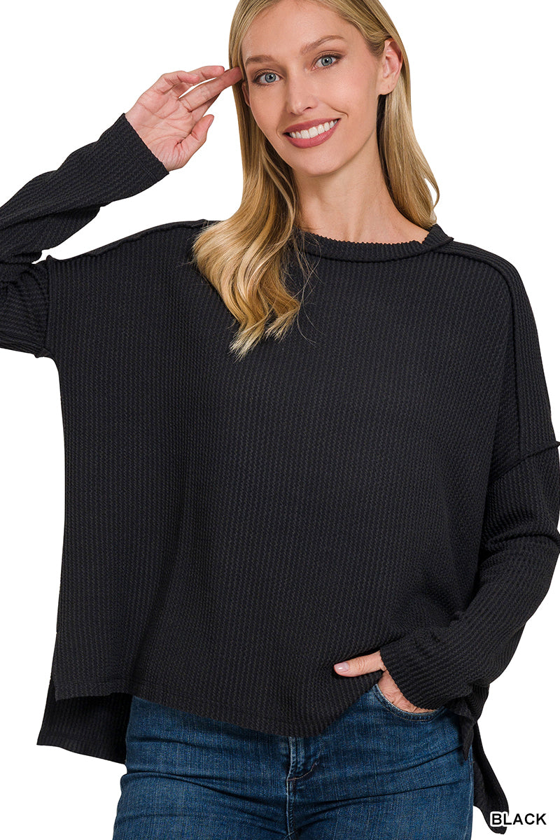 Zenana Women's Raised Rib Raw Edge Boat Neck Long Sleeve - Black