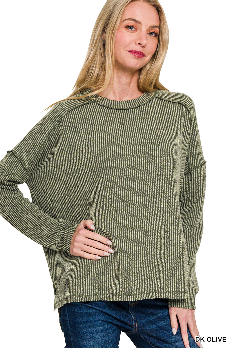 Zenana Women's Raised Rib Raw Edge Boat Neck Long Sleeve - Dark Olive