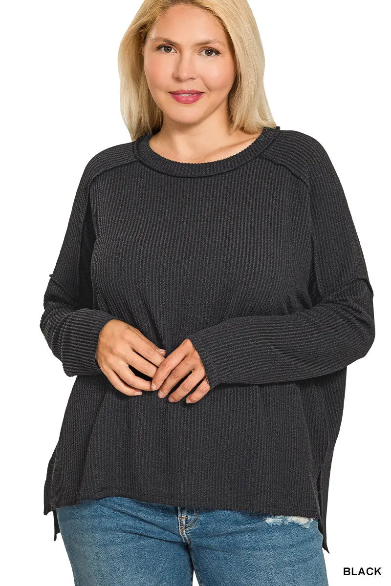 Zenana Women's Plus Raised Rib Raw Edge Boat Neck Long Sleeve - Black Zenana