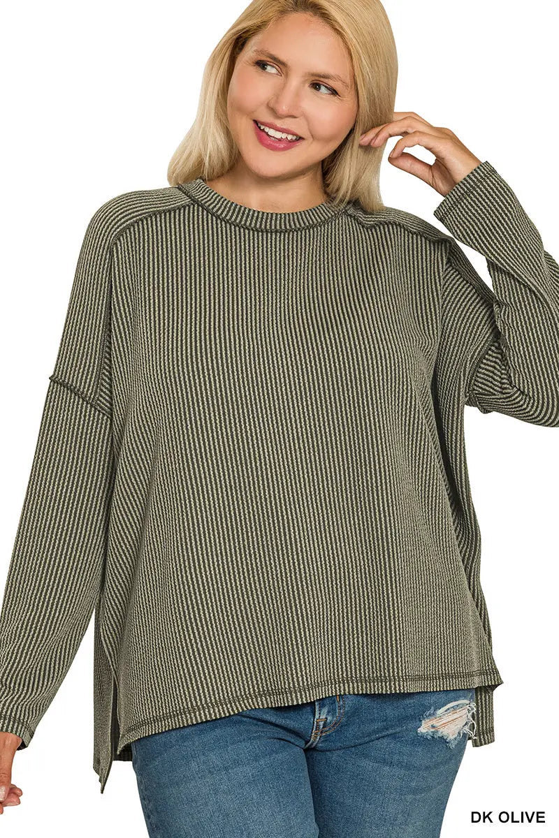 Zenana Women's Plus Raised Rib Raw Edge Boat Neck Long Sleeve - Dark Olive Zenana