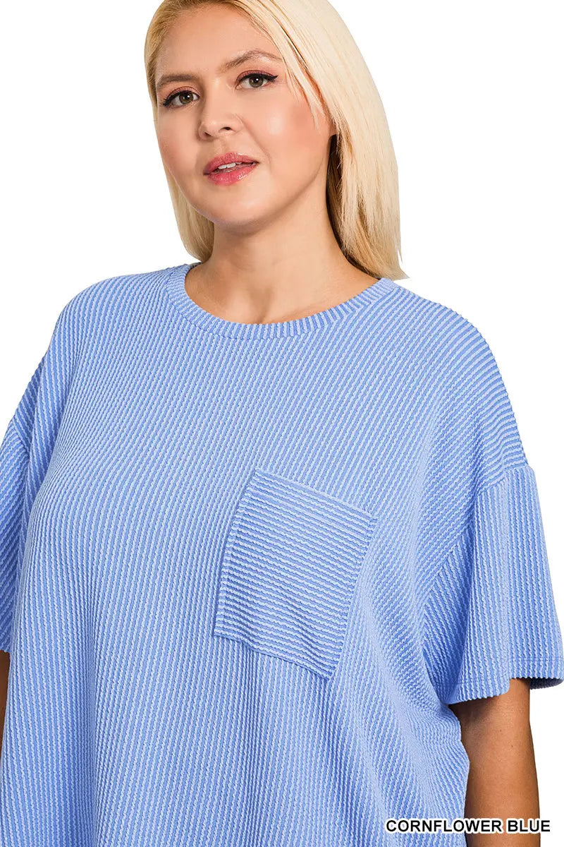 Zenana Women's Raised Rib Short Sleeve Front Pocket Plus Top - Cornflower Blue Zenana