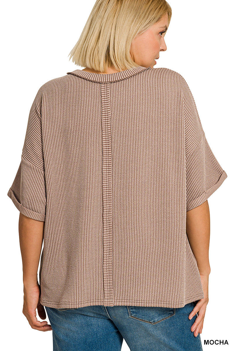Zenana Women's Raised Rib Short Sleeve Front Pocket Plus Top - Mocha