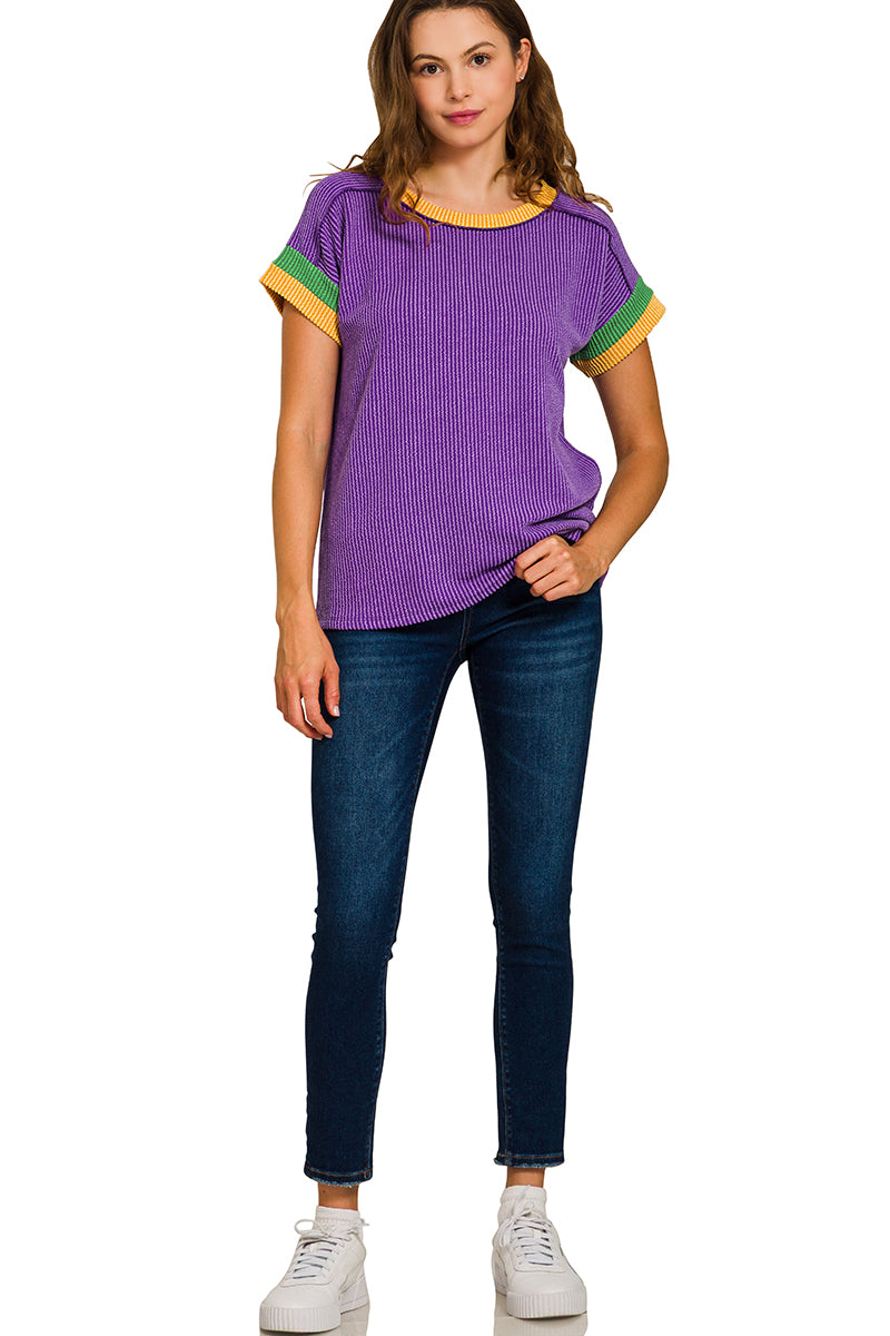 Zenana Women's Mardi Gras Rib Top - Purple