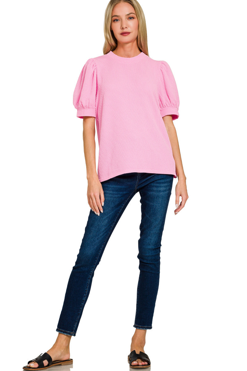 Zenana Raised Rib Puff Sleeve Top - Pink