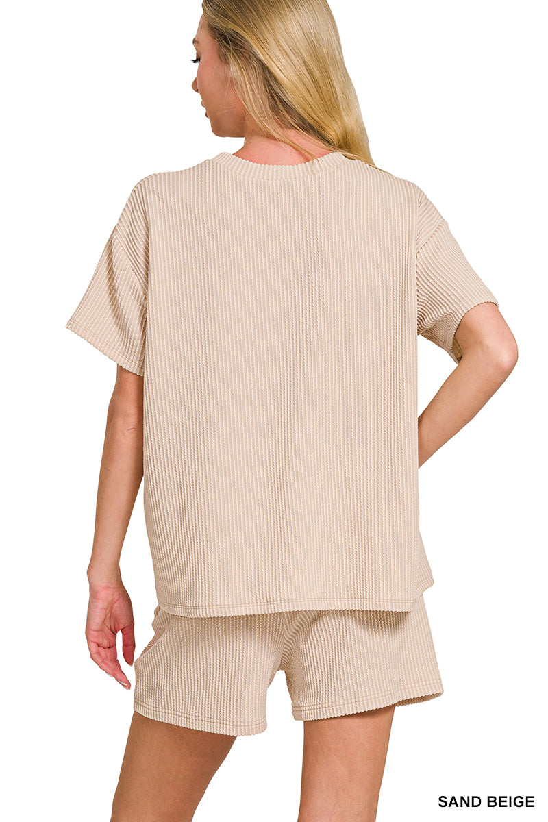 Zenana Women's Raised Rib Short Sleeve Tee & Shorts Set -Sand Beige