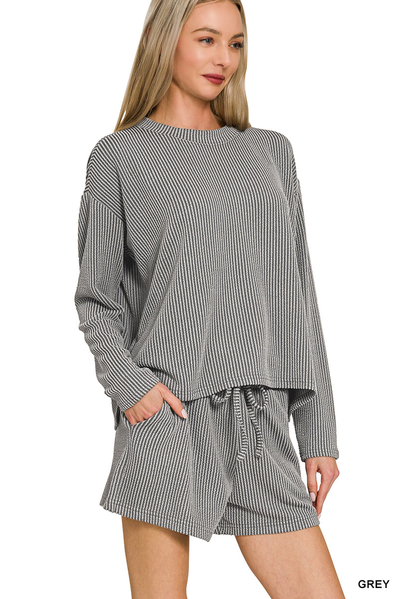 Zenana Women's Raised Rib Long Sleeve Tee & Shorts Set - Grey