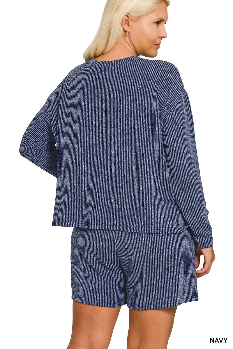Zenana Women's Plus Ribbed Long Sleeve Tee & Shorts Set - Navy Zenana