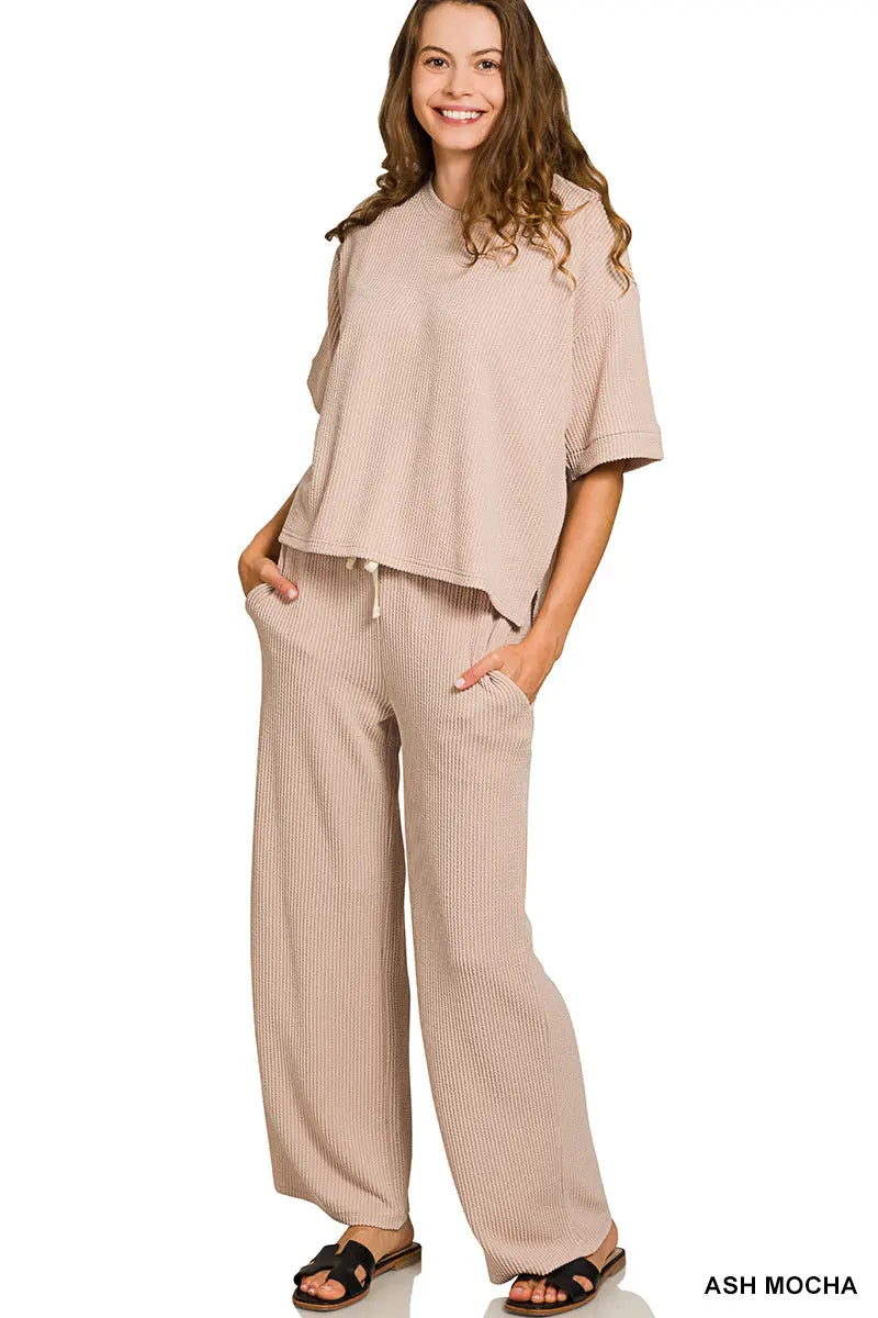 Zenana Women's Raised Rib Short Sleeve Tee & Pants Set - Ash Mocha Zenana