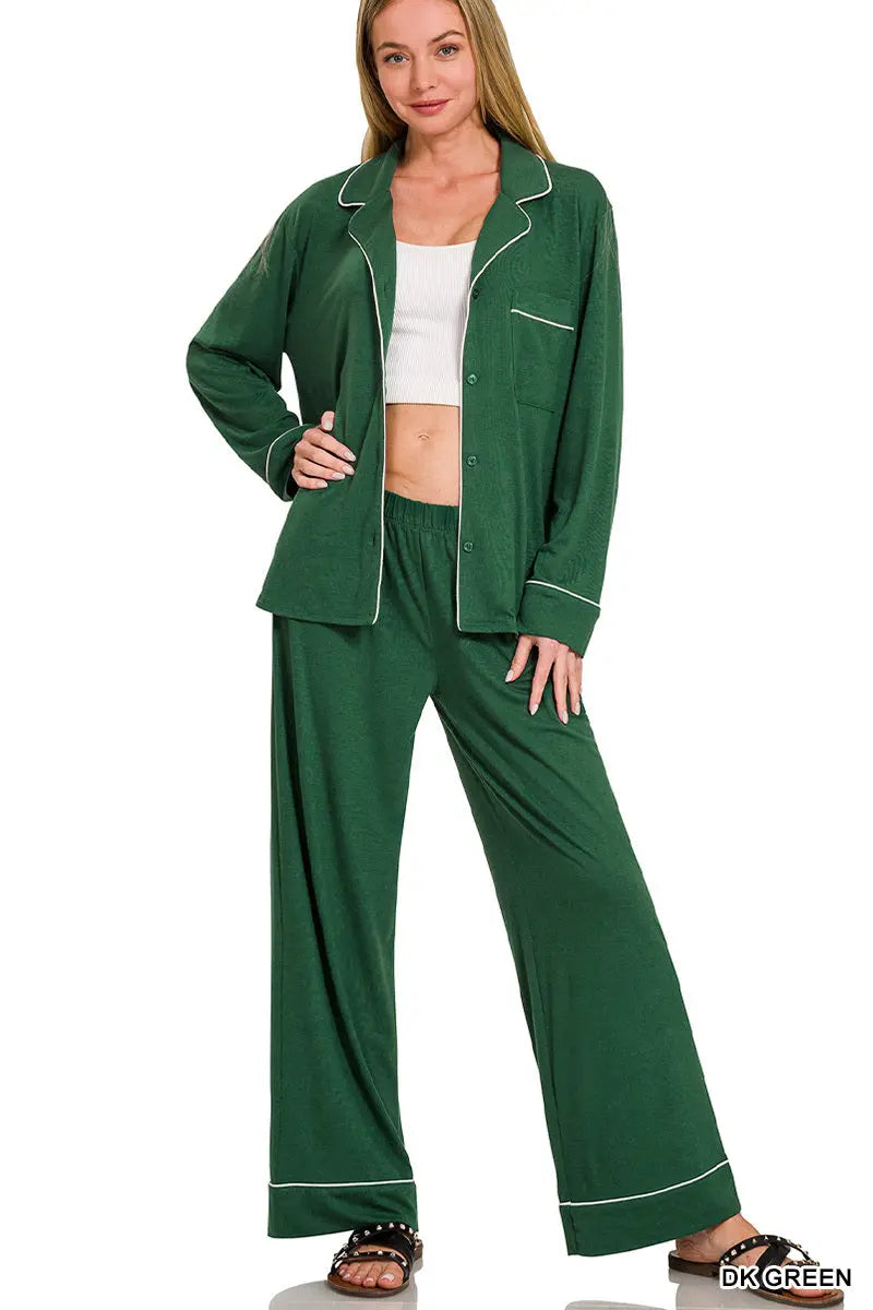 Zenana Women's Long Sleeve Button Down Pajama Set - Dark Green Zenana
