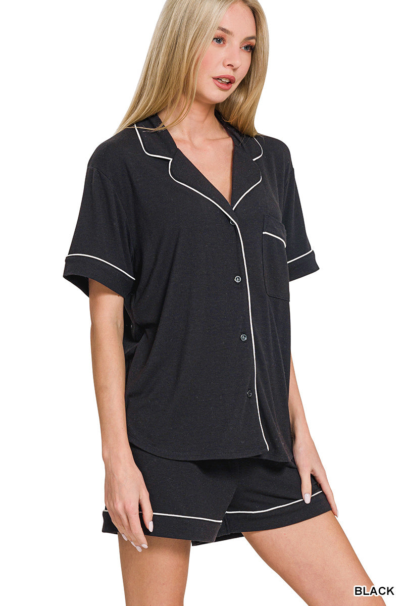 Zenana Women's Button Down Lounge Set - Black