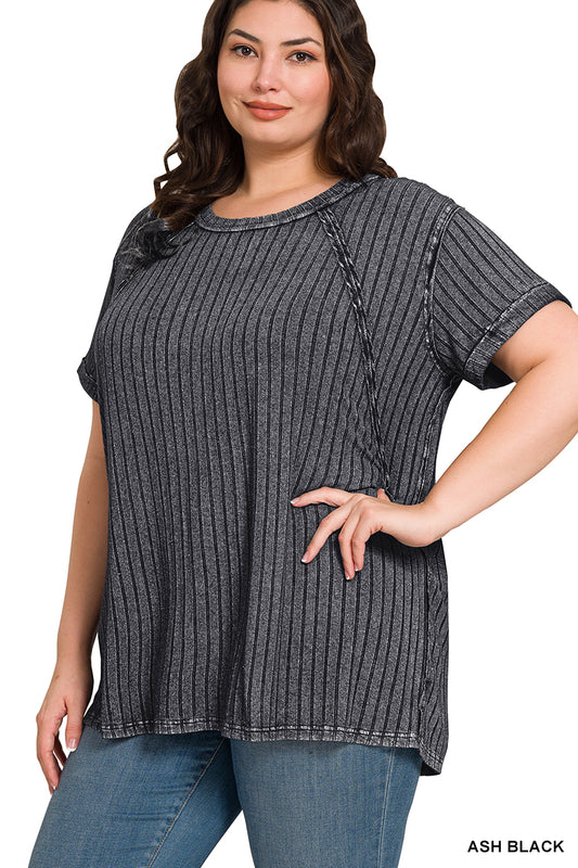 Acid Washed Ribbed Short Sleeve Boat Neck Top - Plus Size