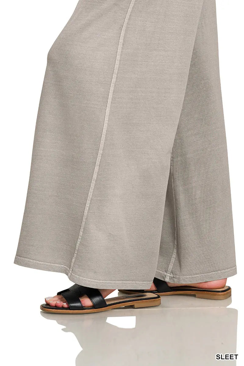 Zenana Women's French Terry Pigment Dye & Enzyme Washed Pants - Sleet Zenana