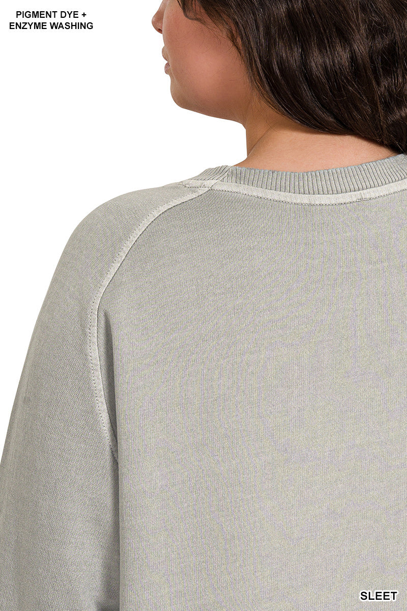 Zenana Women's Plus French Terry Pigment Dye & Enzyme Washing Pullover - Sleet