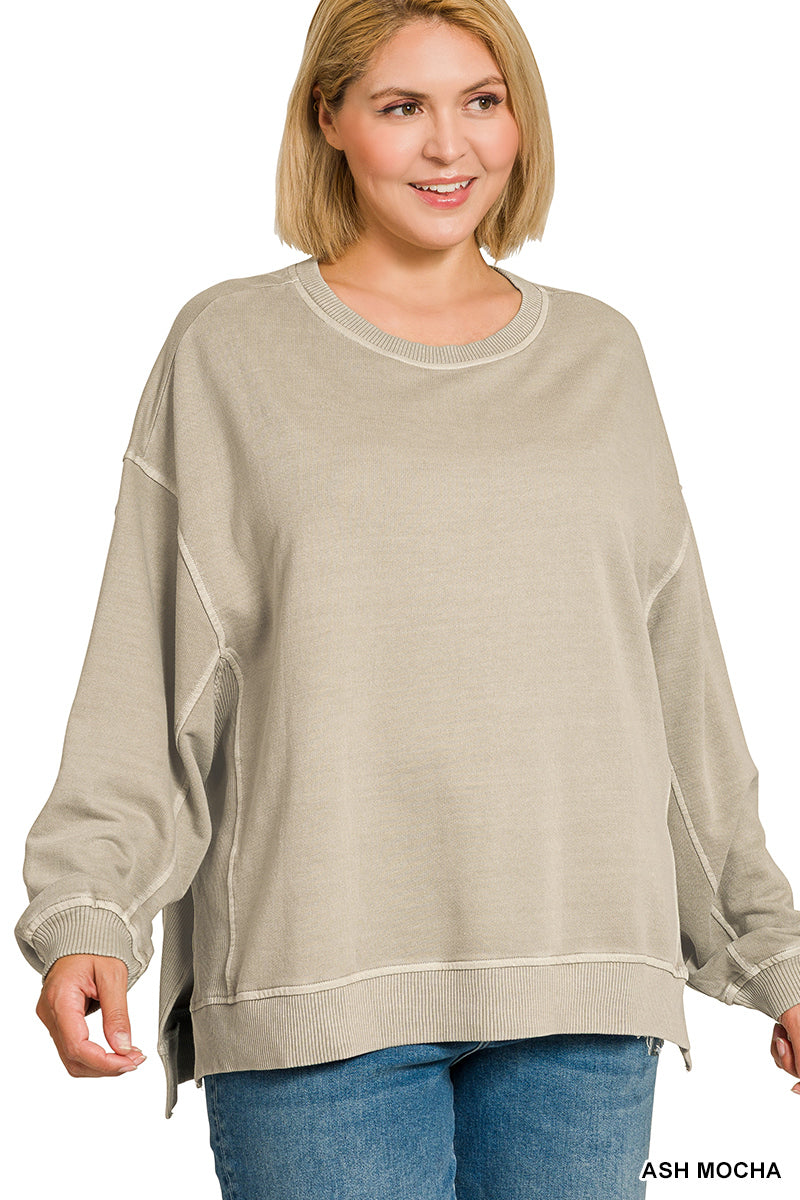 Zenana Women's Plus Distressed Pullover - Ash Mocha