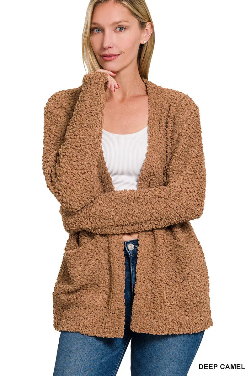 Zenana Women's Long Sleeve Popcorn Sweater Cardigan with Pockets - Deep Camel Zenana