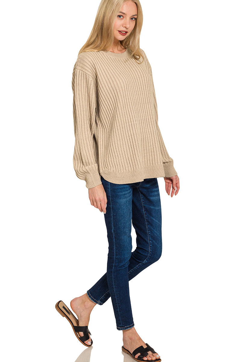 Zenana Women's Curved Hem Two-Tone Sweater - Light Mocha