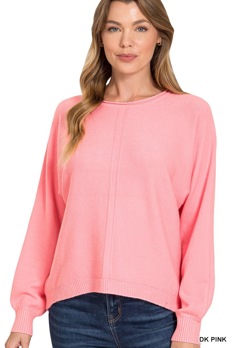 Zenana Viscose Front Seam Round-Neck Sweater - Dark Pink