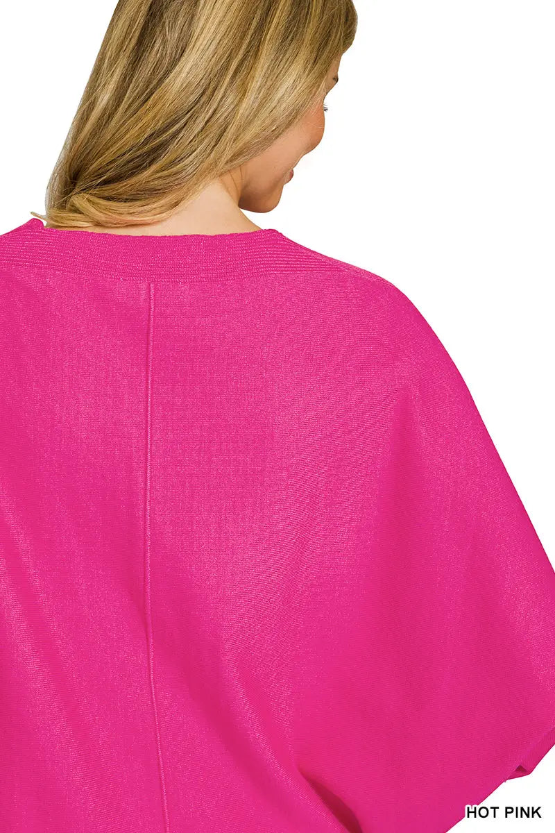 Zenana Women's Viscose V Neck Dolman Sweater - Hot Pink Zenana