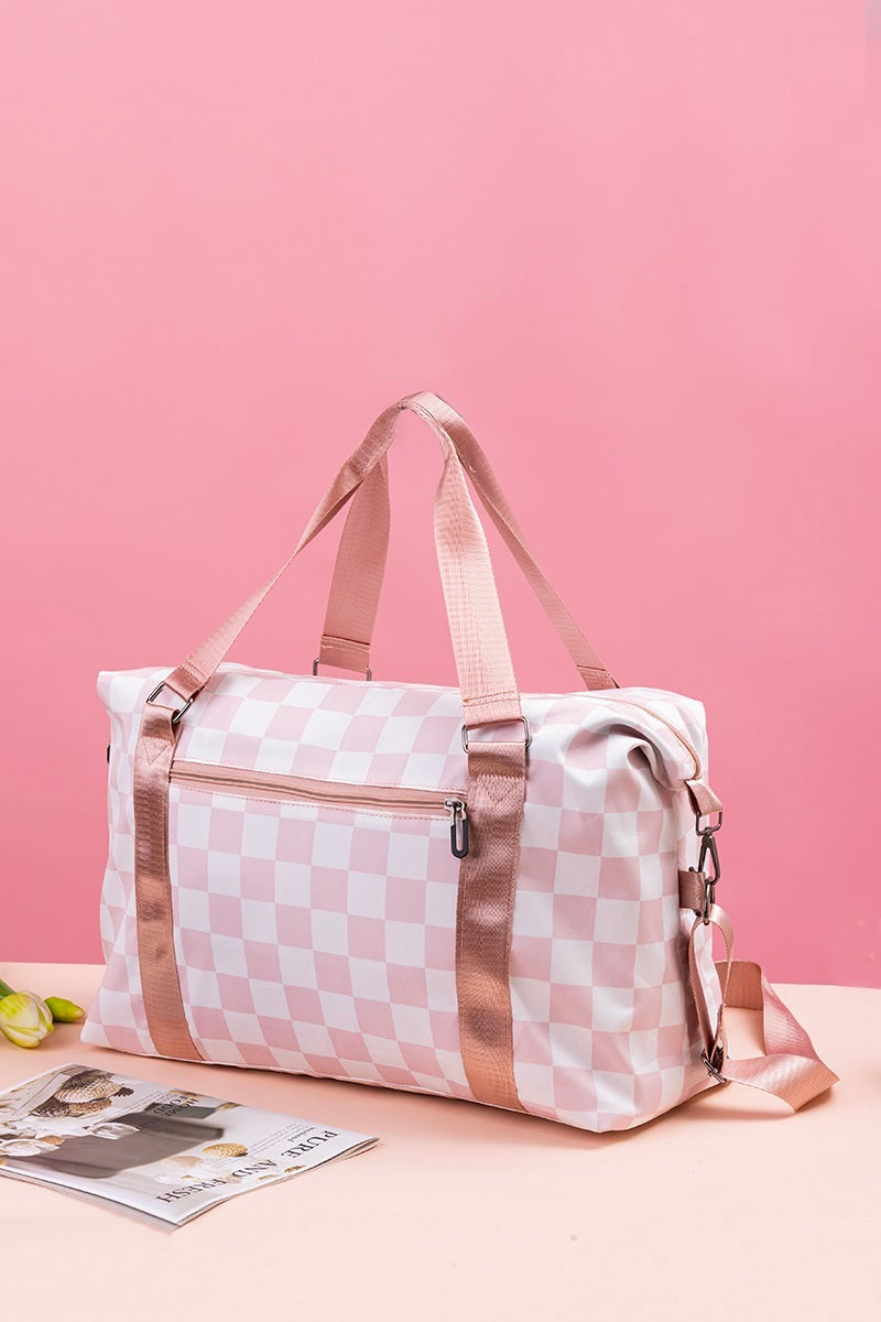 Large Capacity Checkered Travel Duffle Bag - Light Rose