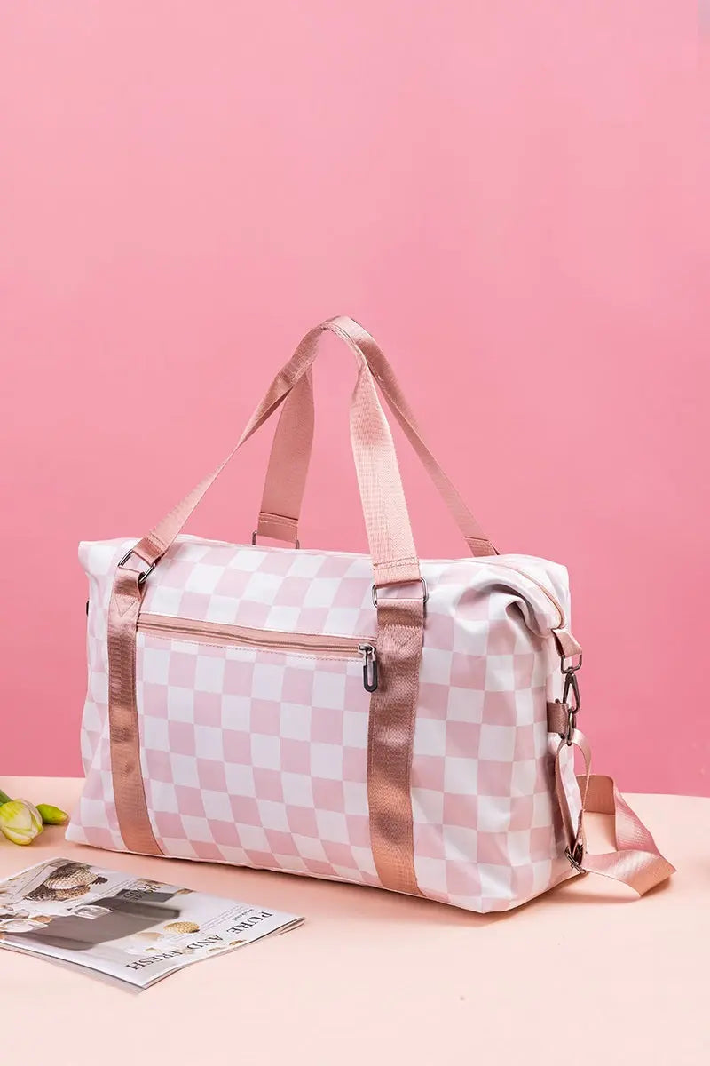 Zenana Large Capacity Checkered Travel Duffle Bag - Light Rose Zenana