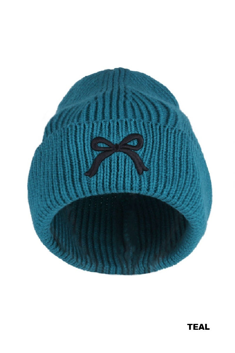Women's Coquette Bow Embroidered Cuff Beanie
