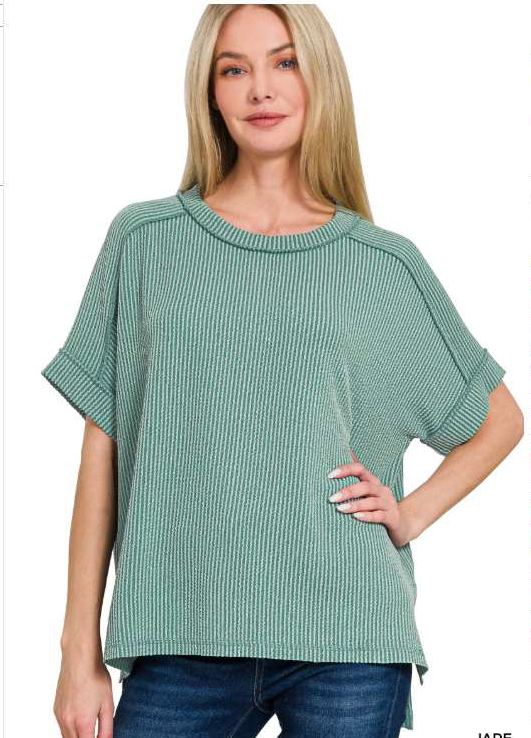 Zenana Women's Raised Rib Cuff Sleeve Raw Edge Top - Jade