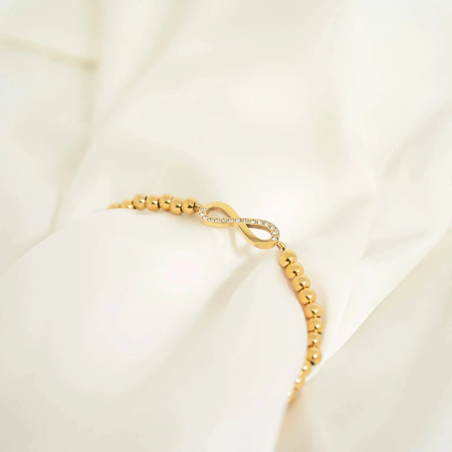 18K Gold PVD Stainless Steel Stone Infinity Sign Metal Beaded Stretch Bracelet WJW