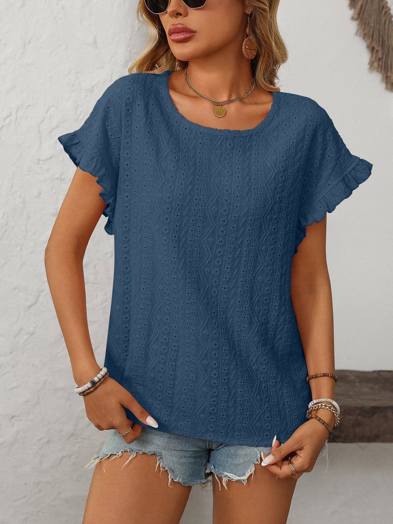 Crewneck Sweet Short-Sleeve Hollow-Out Top