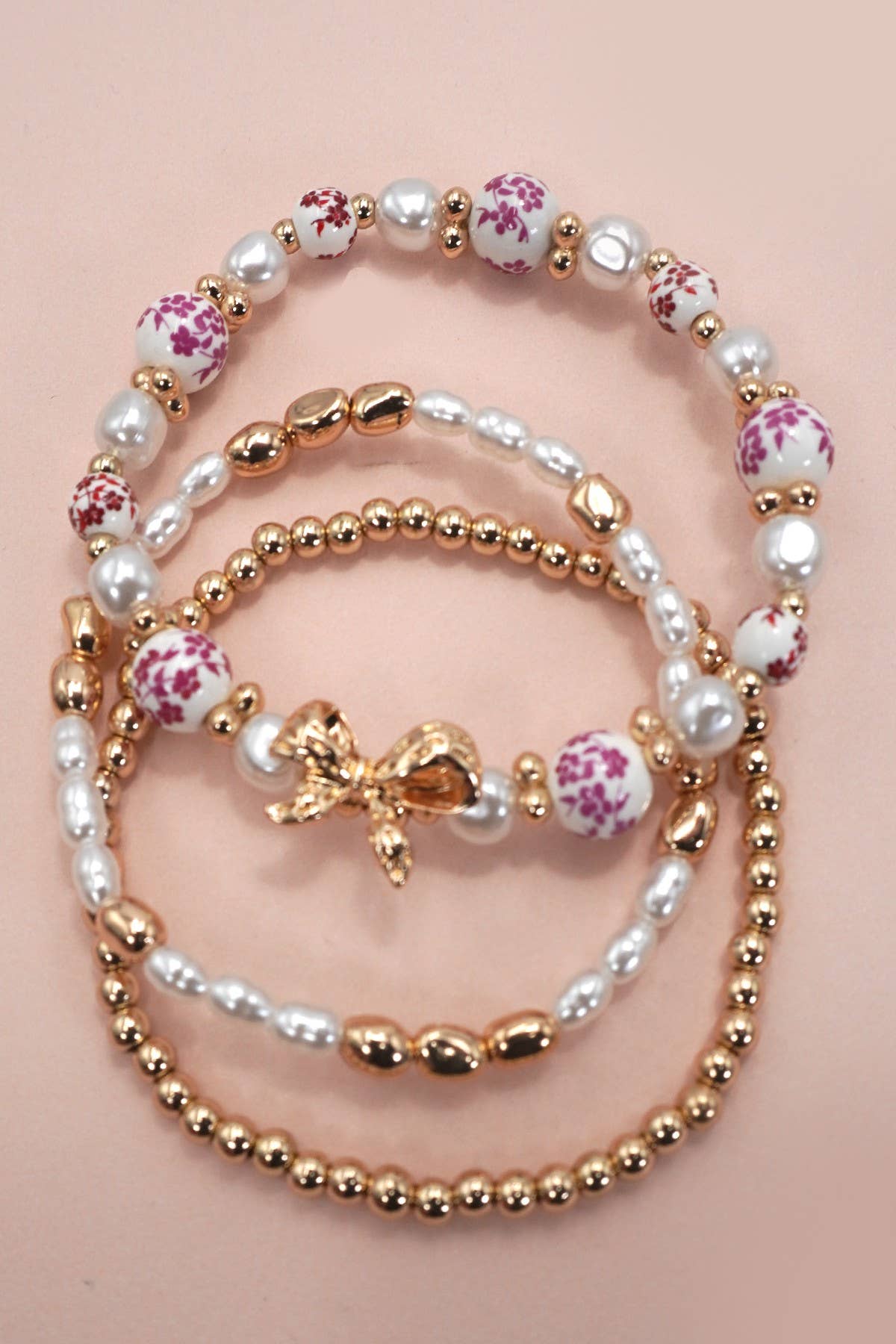 JOSSLYN PINK CERAMIC PORCELAIN BOW MULTI LAYER BRACELET
